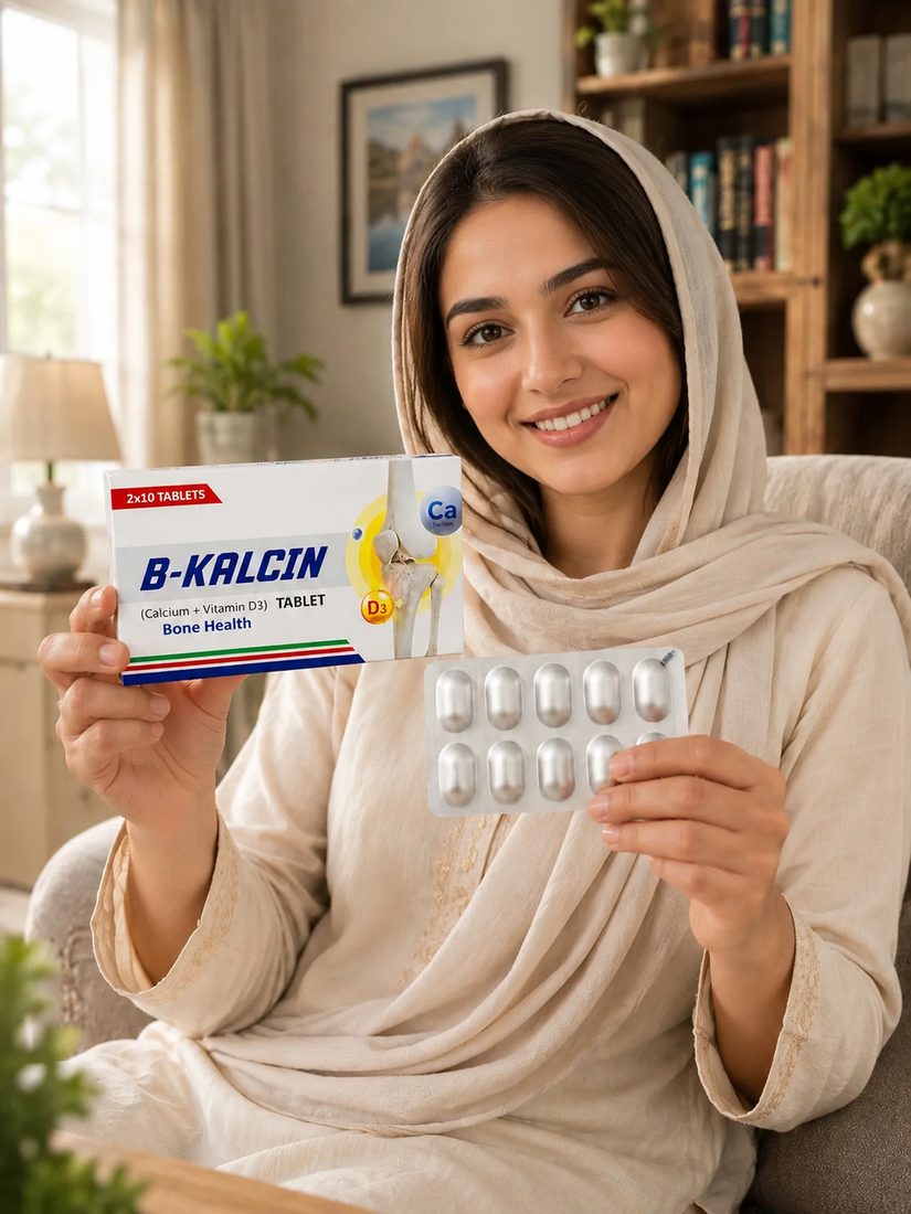 A smiling woman holding the B-KALCIN carton and a blister pack of tablets at home