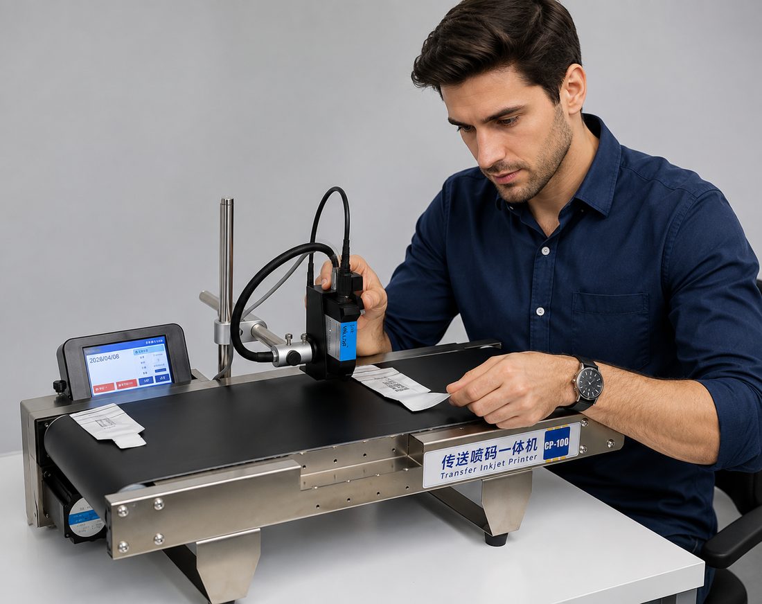 An operator coding printed date labels on the CP-100 conveyor inkjet printer