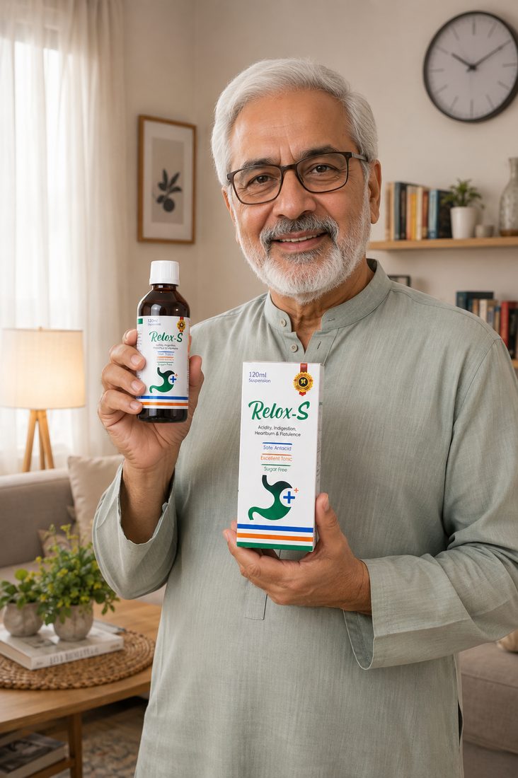 A smiling older man holding the Relox-S Syrup carton and bottle at home